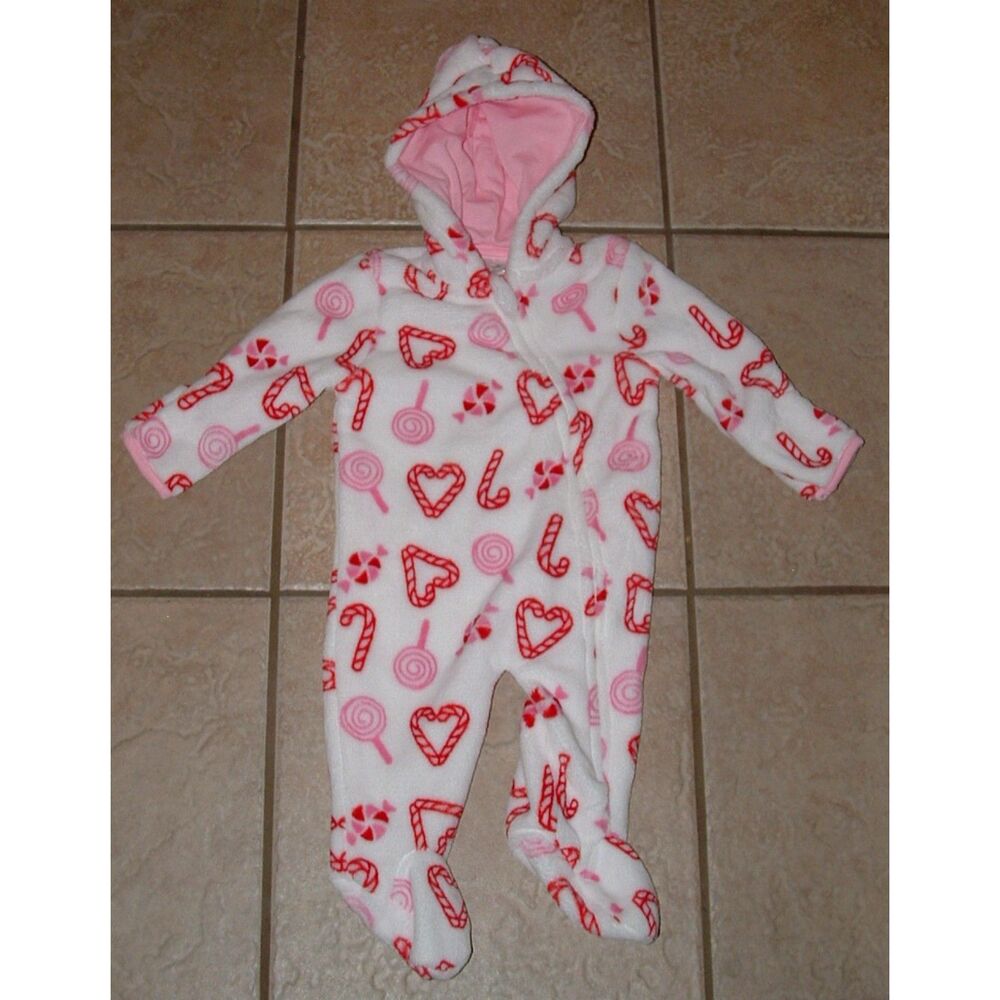 NEW Girls Sz 3-6 Months Christmas Holiday Soft Fleece 1 Pc Hooded Footed Outfit